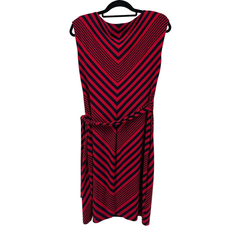 Lauren Ralph Lauren Red Navy Striped Cowl Neck Side Tie Sheath Dress 12 Slimming